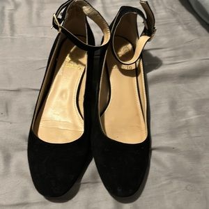 Vince Camuto Black Suede Ankle Strap Gold Accents Flat